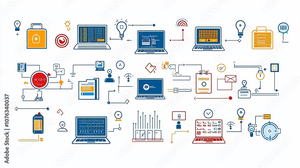 Poster Cutting Edge Technology Sector Icons Detailed Pixel Perfect Line of Laptops Servers and Coding Symbols on a Clean White Background Editable Format
