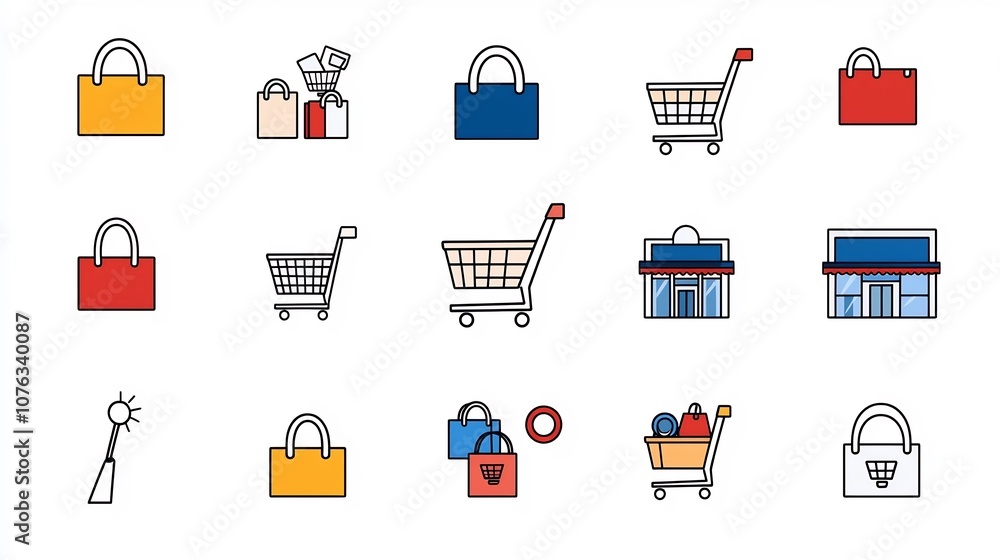 Poster of line icons depicting the retail sector including shopping carts storefronts price tags and other 