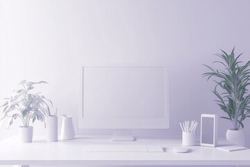 Minimalist White Desk Setup with Computer and Plants - Modern Workspace Inspiration