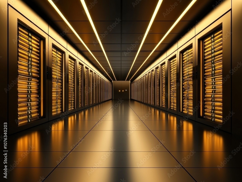 Poster explore the futuristic design of a high-tech data center with illuminated storage solutions