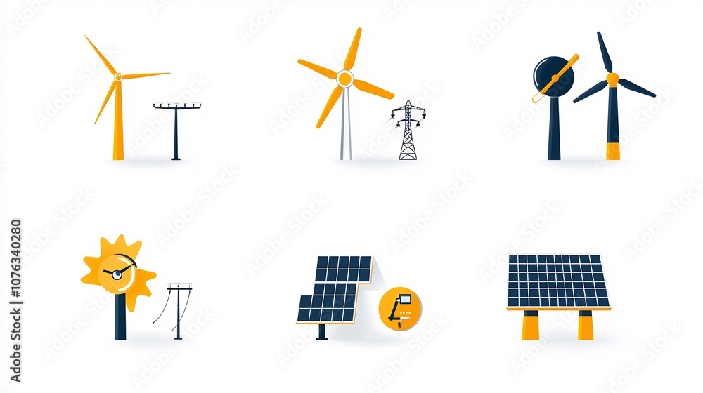 Poster detailed line icons focused on the energy sector featuring wind turbines solar panels and power tran