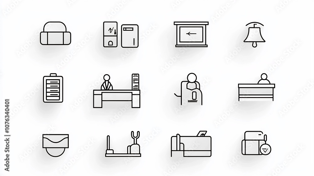 Poster collection of minimalist icons representing various elements and services found at a hotel reception