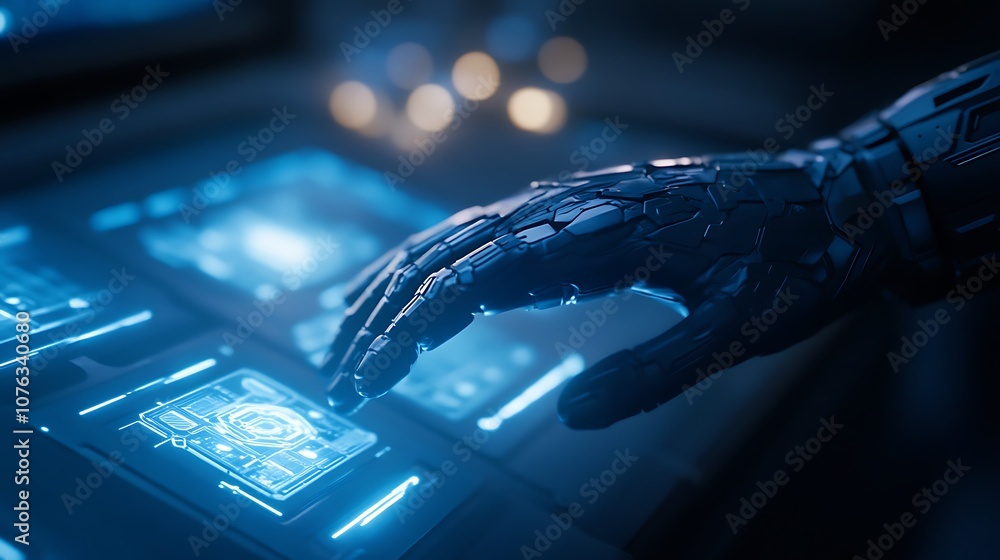 Poster A futuristic robotic hand interacts with a glowing touchscreen panel, illustrating advanced technology and digital interfaces.