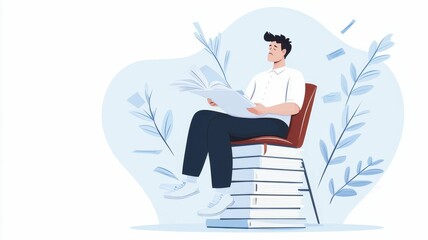 A man sits on a stack of books, engaging with a laptop, surrounded by stylized leaves in a serene, minimalist illustration.