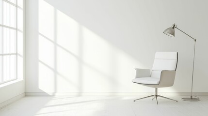 A minimalist interior featuring a sleek white chair and a floor lamp, illuminated by natural light streaming through large windows.