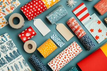 Colorful assortment of decorative paper rolls and gift tags on a blue background, perfect for crafting and gift wrapping projects.