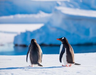 Obraz premium Gentoo Penguins Walking Across Snowy Terrain Near Frozen Glacial Landscape in Antarctica During Bright Daylight