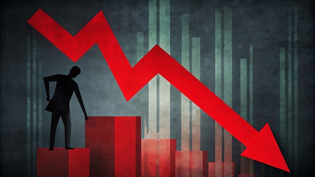 Concepto de declive financiero con silueta de persona sosteniendo una flecha roja hacia abajo, que indica la ca&iacute;da del mercado
