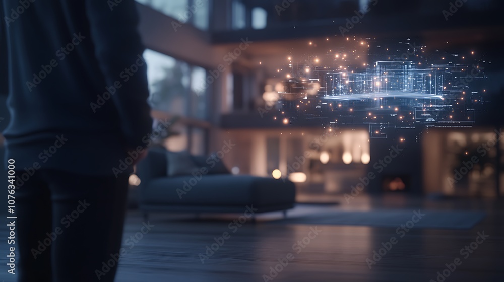 Aufkleber a person stands in a modern interior, observing a holographic display that emanates digital informat