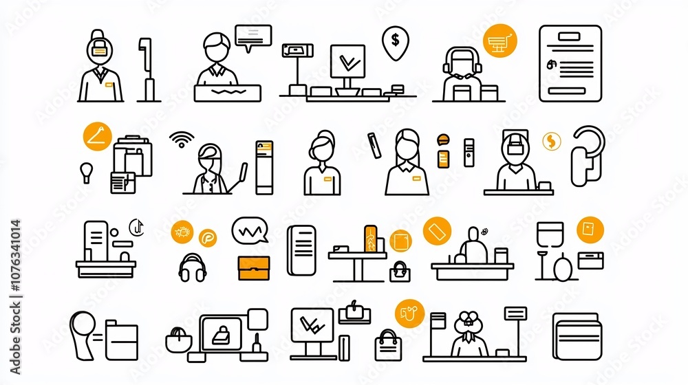 Fototapete Clean minimal featuring a collection of icons representing various elements of a reception desk setup including staff cashier and client support designed for use in business and office environments