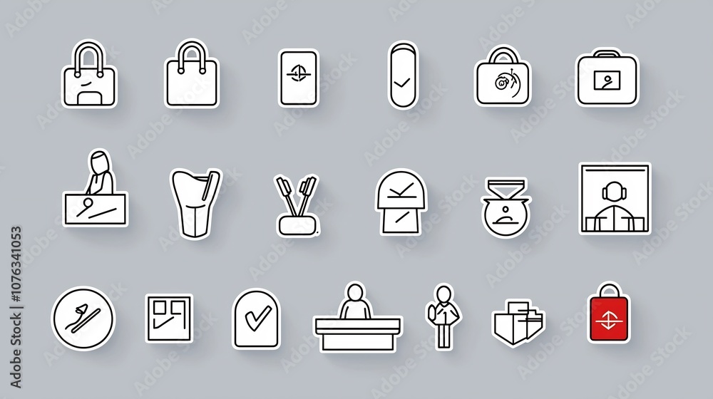 Aufkleber clean set of line icons representing reception desk staff cashier and client support services for a 