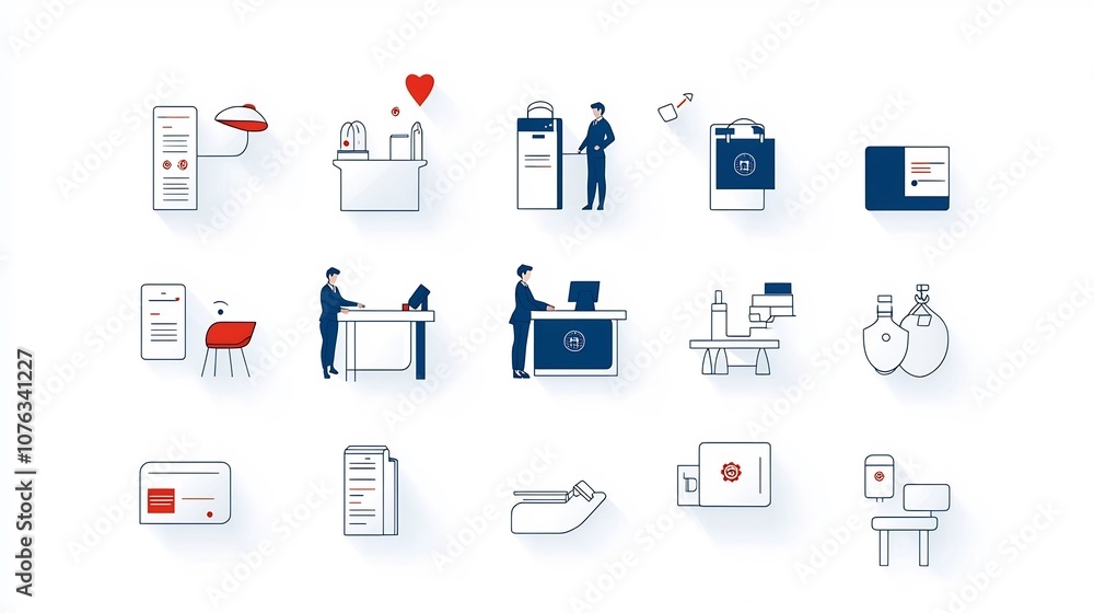 Fototapete minimalist featuring a set of icons representing reception staff guest information desk and reservat
