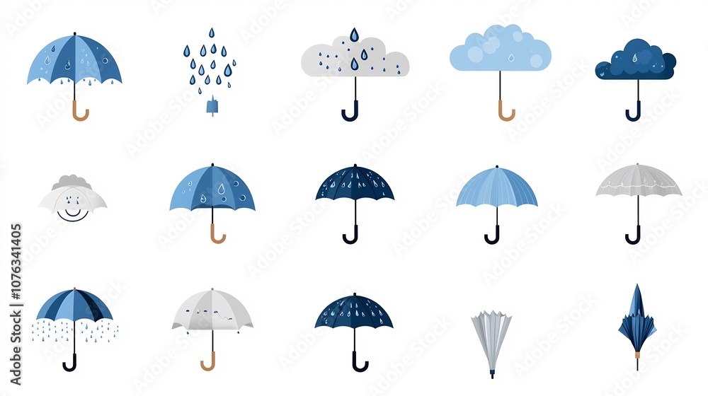 Poster a collection of icons depicting the various elements of rainy weather including raindrops umbrellas 