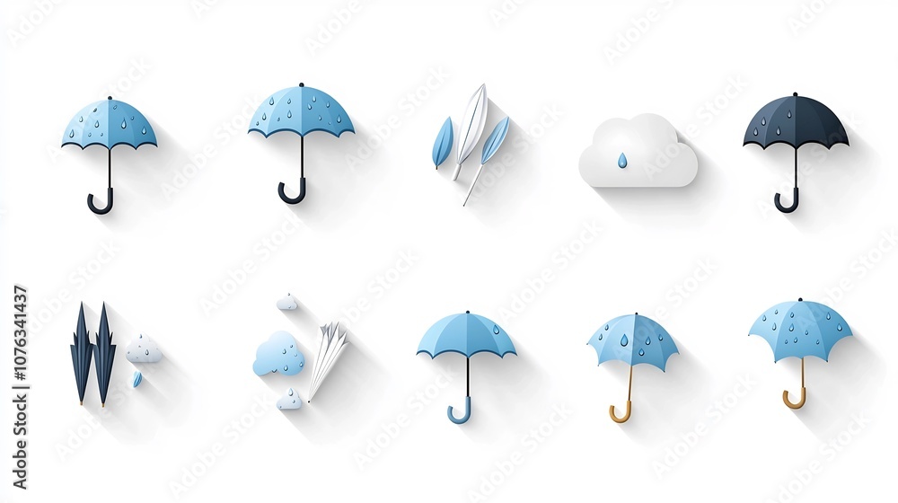 Aufkleber featuring a collection of icons representing rainy weather conditions including raindrops umbrellas and clouds in a palette of blue and gray tones  Designed for use in weather related applications