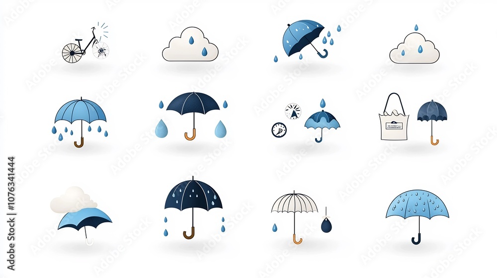 Aufkleber Comprehensive set of icons representing rainy weather conditions including raindrops umbrellas and clouds in a cohesive blue and gray color palette perfect for use in weather related applications