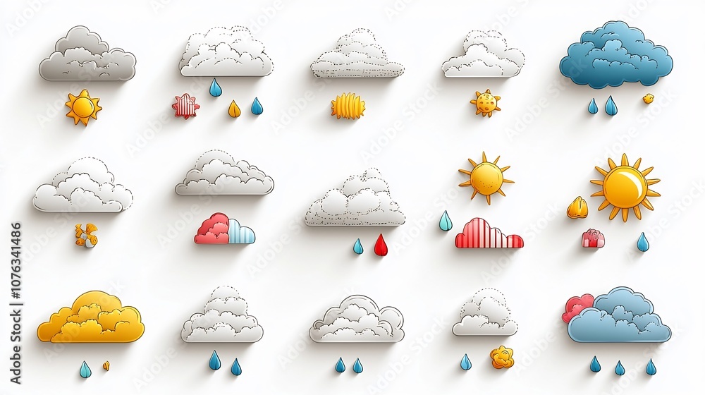 Poster collection of stylized icons representing different cloudy weather conditions featuring soft gray to