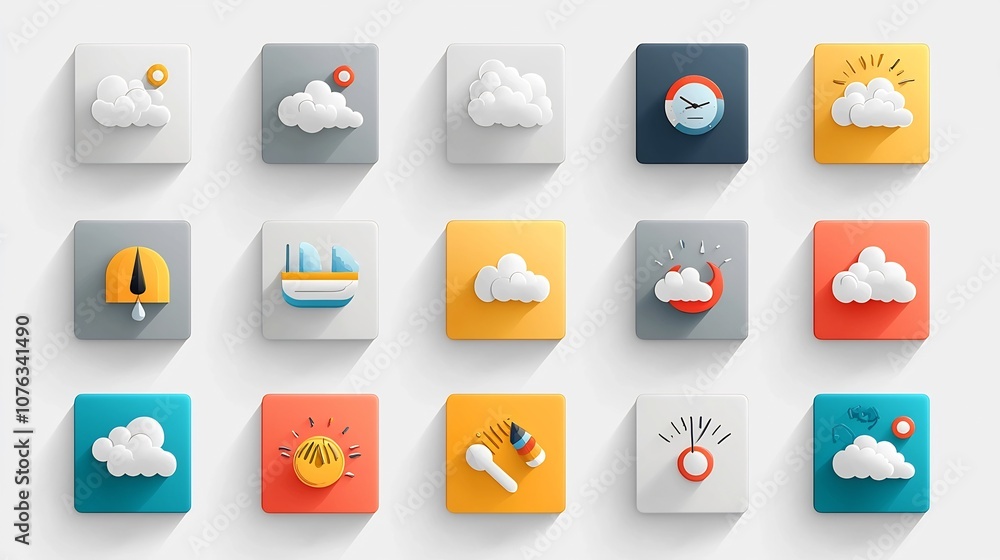 Aufkleber colorful layered cloud icons depicting diverse cloudy weather conditions in a soft minimalist