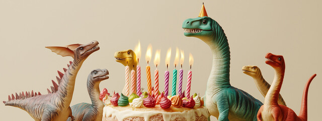 colorful birthday cake with lit candles, surrounded by playful toy dinosaurs, creating a fun and festive party atmosphere for a dinosaur-themed celebration.
