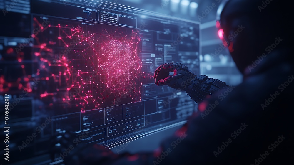 Poster A futuristic scene depicting a figure interacting with a digital interface, featuring glowing data points and an immersive technology environment.