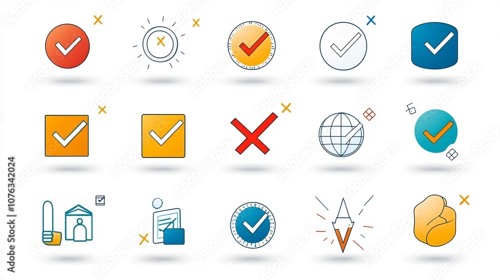 Poster Vibrant featuring a set of colorful icons and symbols including checkmarks X marks and selection pointer elements