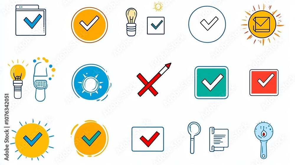 Leinwandbilder Vibrant featuring a set of colorful icons representing various choice options including check marks X symbols and selection pointers  These UIUX design elements are perfect for digital interfaces