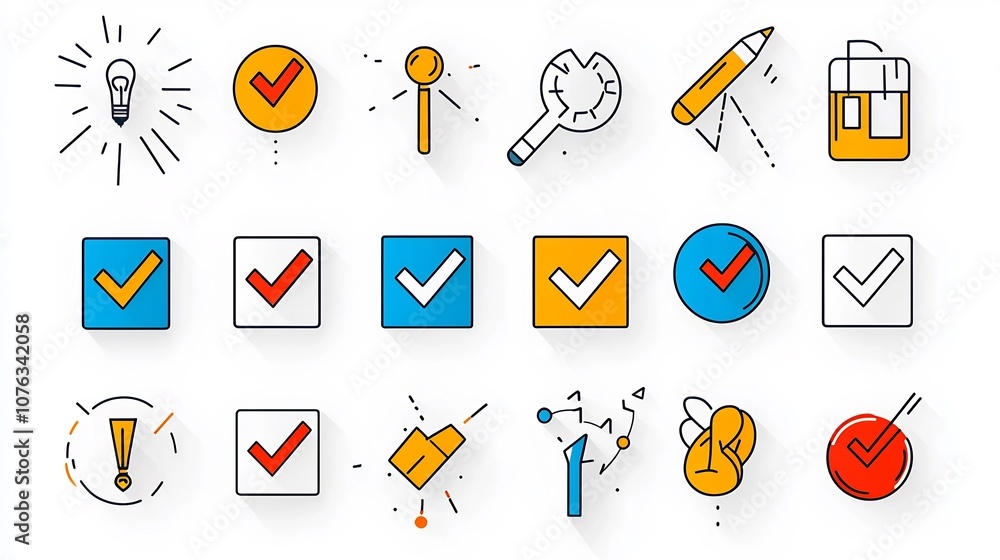 Poster Colorful of various icons and symbols representing choice options including checkmarks X marks and selection pointers in a modern flat graphic design style
