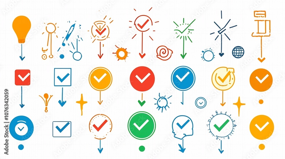 Poster Vibrant showcasing a collection of colorful icons representing various choice options including check marks X symbols and selection pointers  These design elements are perfect for web app