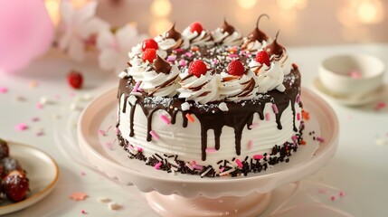 Photography of a close-up of a plate with a slice of birthday cake, adorned with sprinkles and a small birthday candle, set on a decorated table with other party treats for the birthday celebration