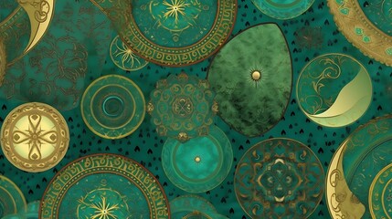 Abstract Pattern of Green and Gold Plates with Intricate Designs