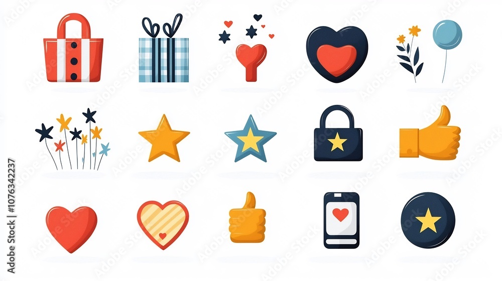 Poster Colorful of a collection of icons representing preference selections including star ratings heart symbols and thumbs up  These design elements can be used for web and app interfaces UXUI infographics