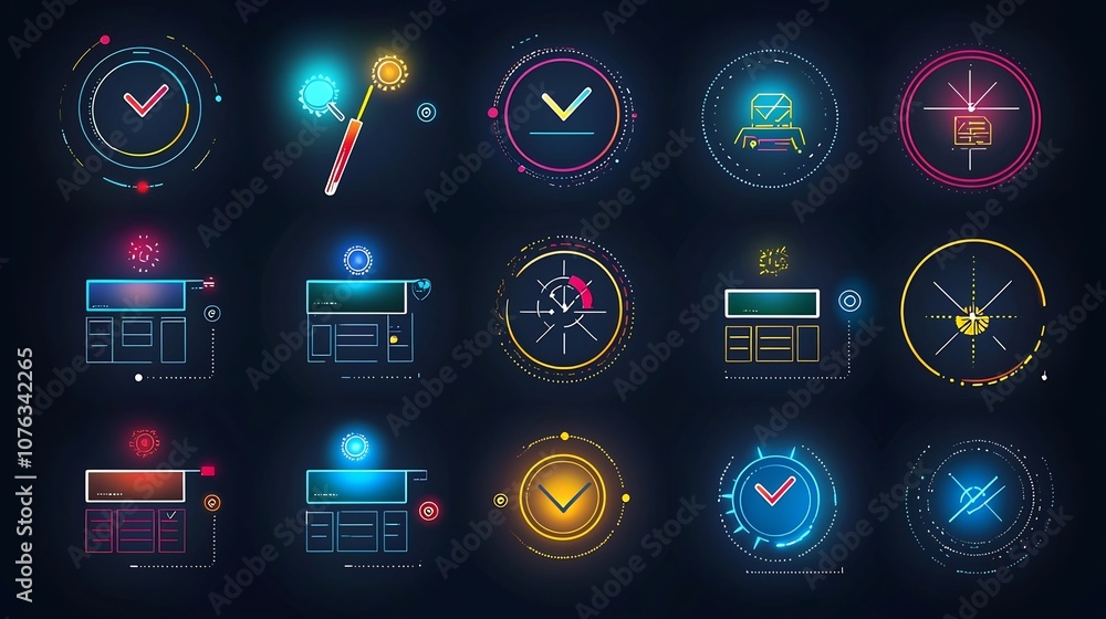Poster Vibrant icon set illustrating multi choice selection with multiple choice boxes cursor clicks and circles around various options  Representing the concept of decision making