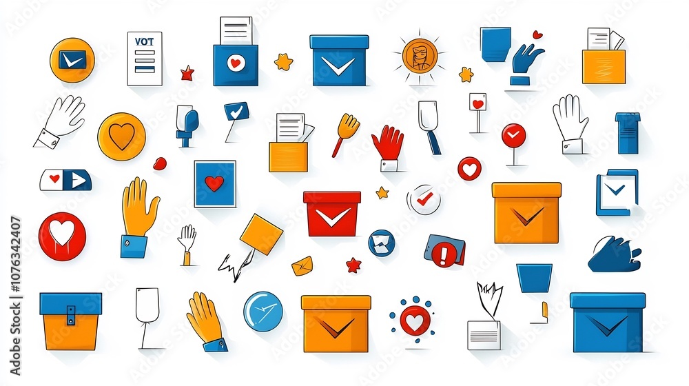 Poster A set of vibrant icons focused on voting poll choices and decision making  The icons feature ballot boxes voting hands likedislike symbols and other related elements in a modern colorful style