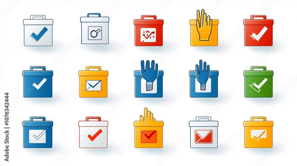 Poster Vibrant featuring a collection of icons and symbols related to voting polls and decision making  Includes ballot boxes voting hands like and dislike symbols and other graphic elements in a modern