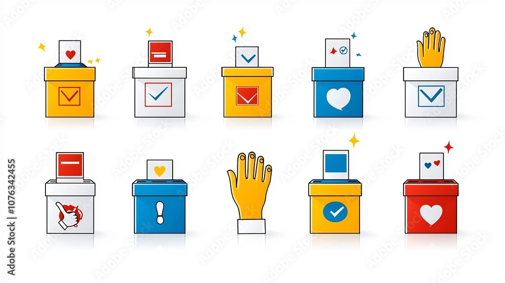 Poster set of voting and poll themed icons in a vibrant style featuring ballot boxes voting hands and liked