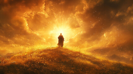 Fototapeta premium silhouette of a man standing on a hilltop, facing an intense, radiant burst of golden light in the sky, creating a dramatic and awe-inspiring scene.