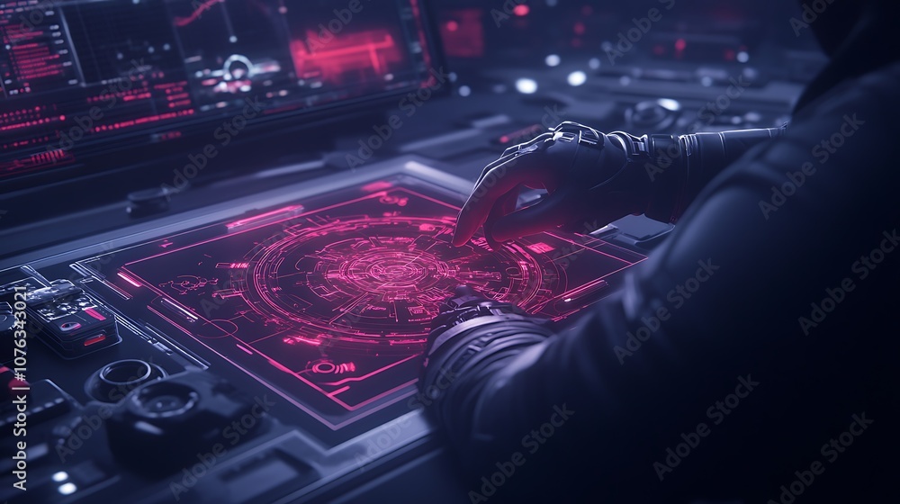 Poster a futuristic scene showing a person interacting with a glowing, red holographic interface, surrounde