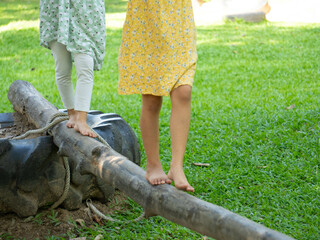 Cute sisters walking on a balance beam in an outdoor park. Children playing in the playground during summer vacation.