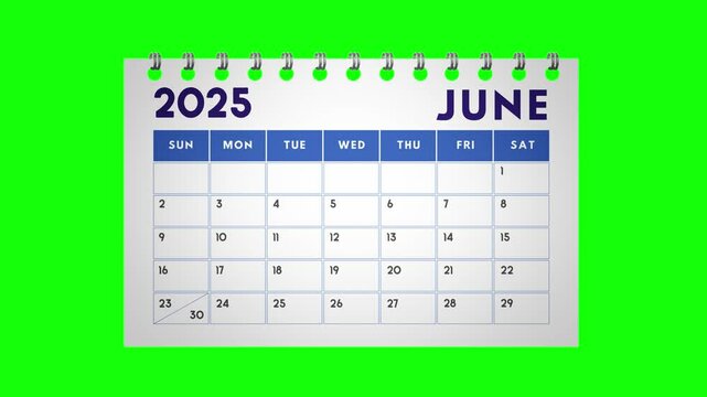 Calendar for 2025 new year from january to december flipping through month. Flipped calendar page with green screen background. Looping video
