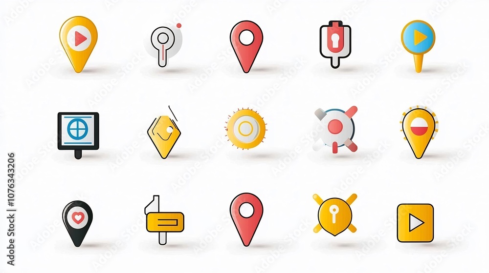 Poster Vibrant featuring a collection of colorful icons and symbols representing location markers GPS maps and navigation elements for easy wayfinding and digital interface design