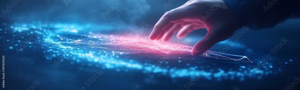 Poster a glowing hand interacts with vibrant particles in a mystical, cosmic environment, suggesting themes