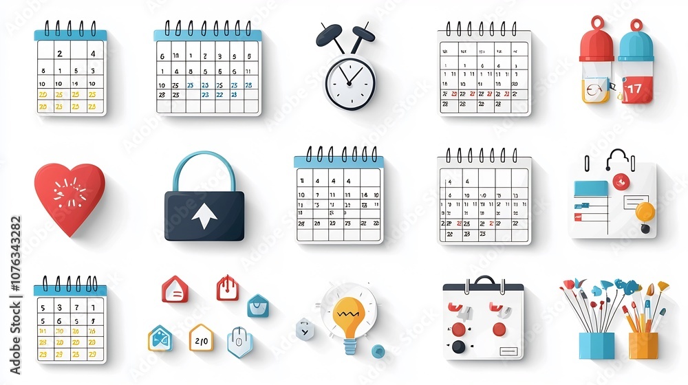 Fototapete Vibrant of a Collection of Calendar Date Icons with Month Grids Day Numbers and Reminder Symbols for Digital Planner Scheduler and Productivity Applications