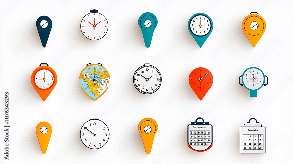 Poster vibrant icon set depicting a combination of location time and calendar symbols includes clocked pins
