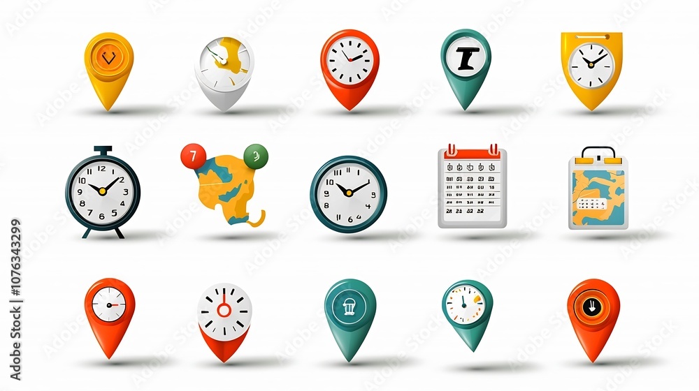 Fototapete vibrant illustrated icon set depicting combined location and time concepts with clocked pins map sym