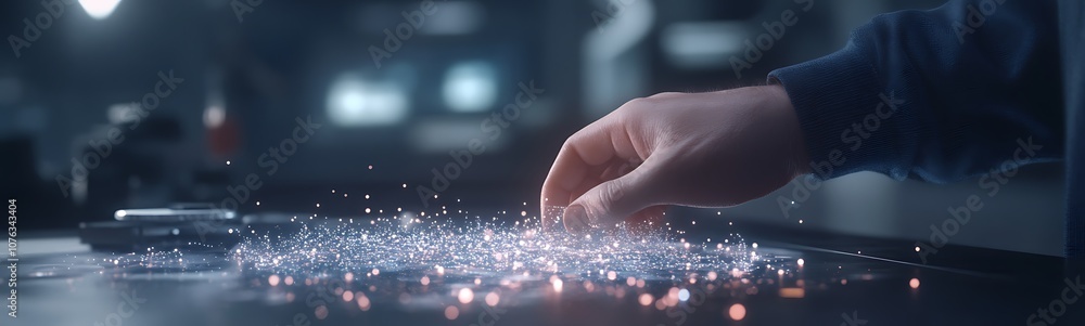 Poster a hand gently disperses sparkles on a surface, surrounded by a dimly lit, technological background, 