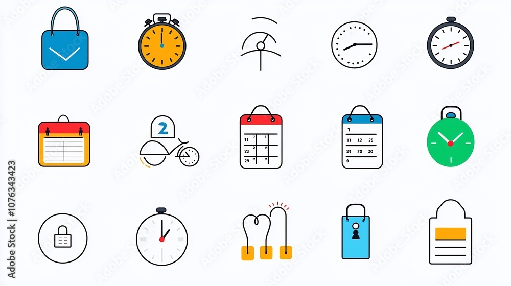 Leinwandbilder Bright and vibrant of various icons related to event scheduling including alarm clocks calendar reminders location tags and other planning elements  Perfect for use in digital applications
