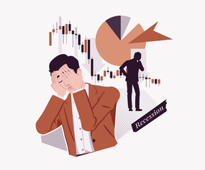 Finance recession, businessman trader sad stock market crash, cryptocurrency falling down, investment crisis, modern design art magazine, blog, graphic advertisement, digital social media illustration