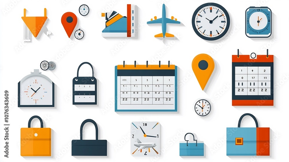Poster vibrant featuring a collection of travel planning icons including calendar dates flight location pin