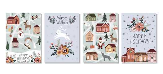 Hand drawn winter holiday cards. Merry Christmas card with inscription, Christmas card, rabbit, snowman, houses, wolf, trees. Merry Christmas. Happy New Year. Invitation cards with quotes. 