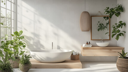 Modern bathroom with minimalistic design featuring a freestanding bathtub, wooden sink cabinet, and lush indoor plants bathed in natural sunlight.