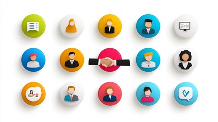 Vibrant and Colorful Illustrative Icons Depicting Various Aspects of Social Professional Partnerships in a Business or Corporate Environment